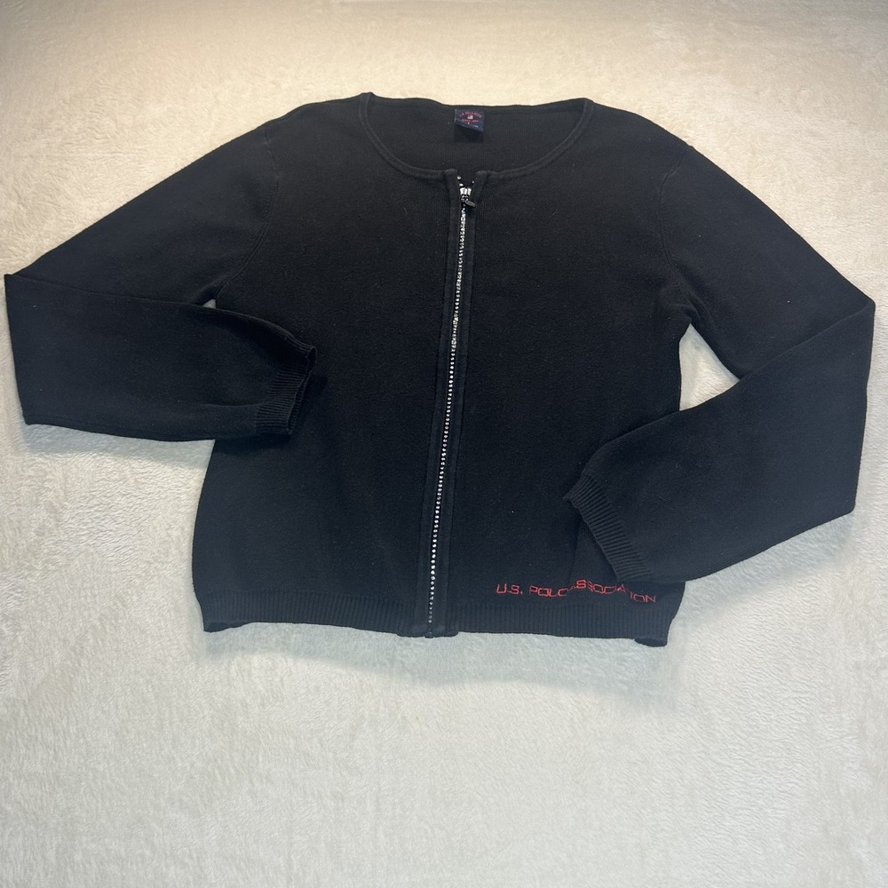 US Polo Assn Womens Black Full Zip Rhinestone Sweater Cardigan Large